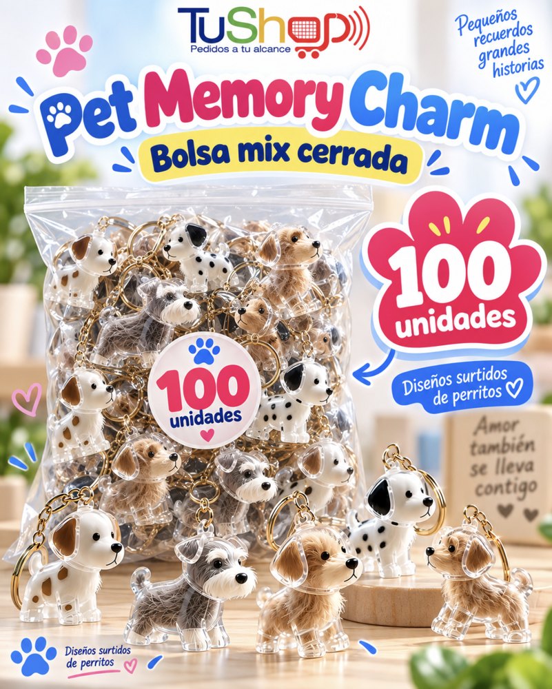 🐶 Pet Memory Charm – Bolsita Mix de 100 Llaveros para Pelito de Mascota · Opcion Bolsa cerrada para mayoristas