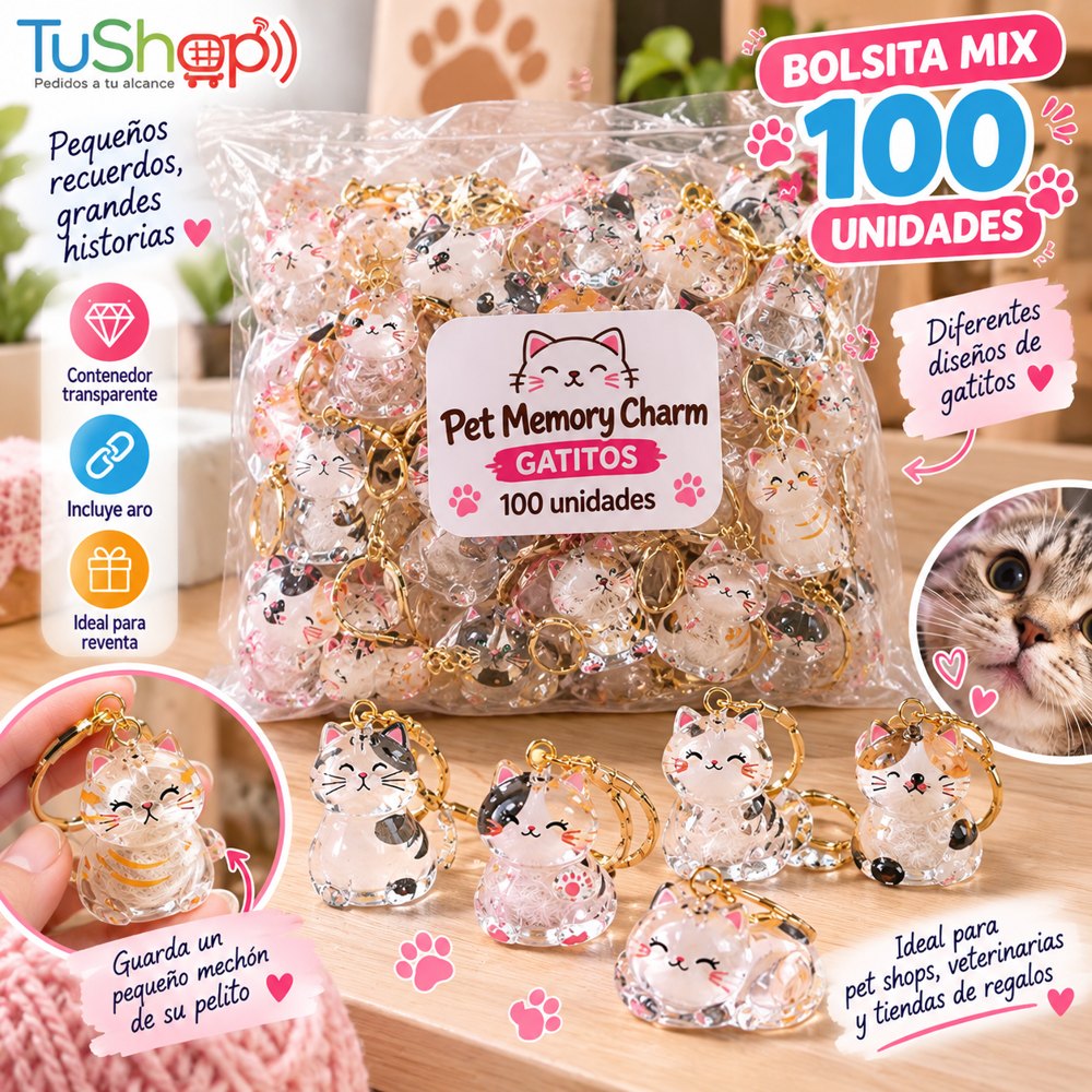 🐱 Pet Memory Charm Cat – Bolsita Mix de 100 Llaveros para Pelito de Gatito