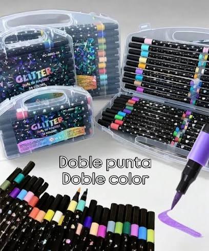 Marcadores con glitter doble punta 24 unidades · CAJA CERRADA