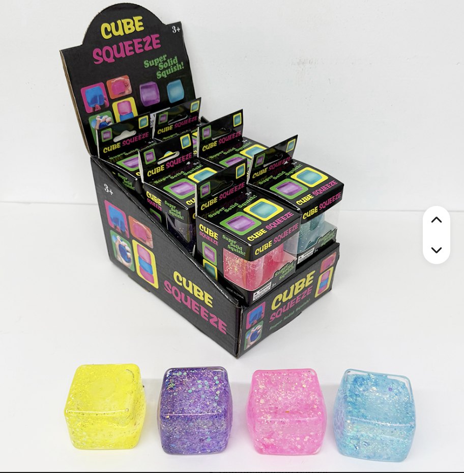 🧊 Ice Cube Squishy – Cubo Sensorial Tipo Hielo · Cubo con destellos glitter