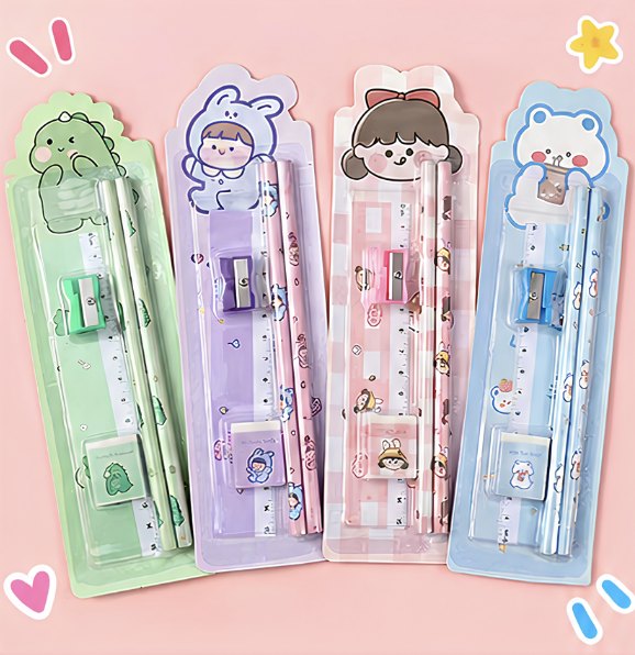 🎀 Kawaii Study Set 5 PCS – Kit Escolar con Personajes Pastel