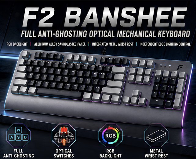 ⌨️ F2 Optical Hot-Swap – Teclado Gaming con Switches Ópticos · F2 Banshee al 100%